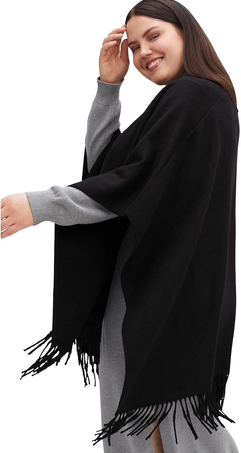 Sheego Damen Grosse Grössen Poncho im Cape-Stil, mit Fransen und Knebelverschluss Cardigan Freizeitm