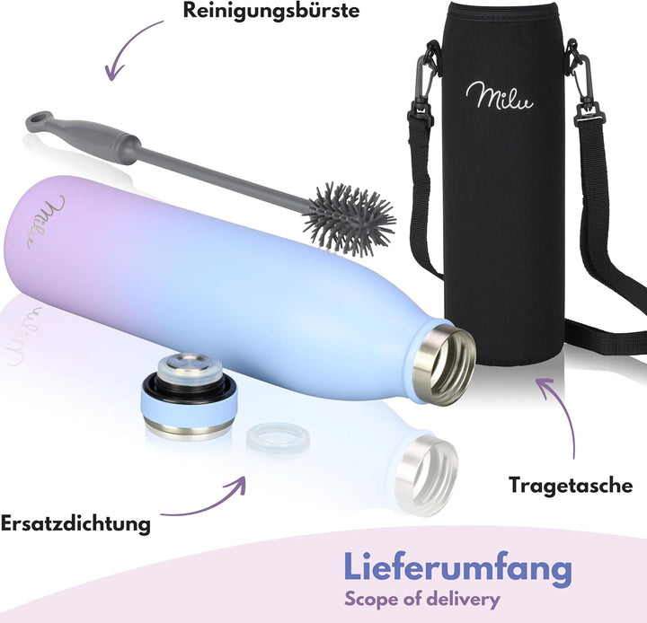 Milu Edelstahl Trinkflasche 350ml, 500ml, 750ml, 1L, 1,5L – Thermosflasche für Kinder Erwachsene aus