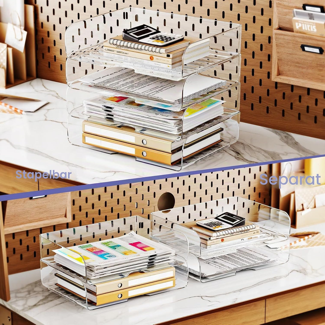 Tomorotec Schreibtisch-Briefablage-Set, A4-Grösse, transparent, PET, stapelbar, Dokumenten-Organizer