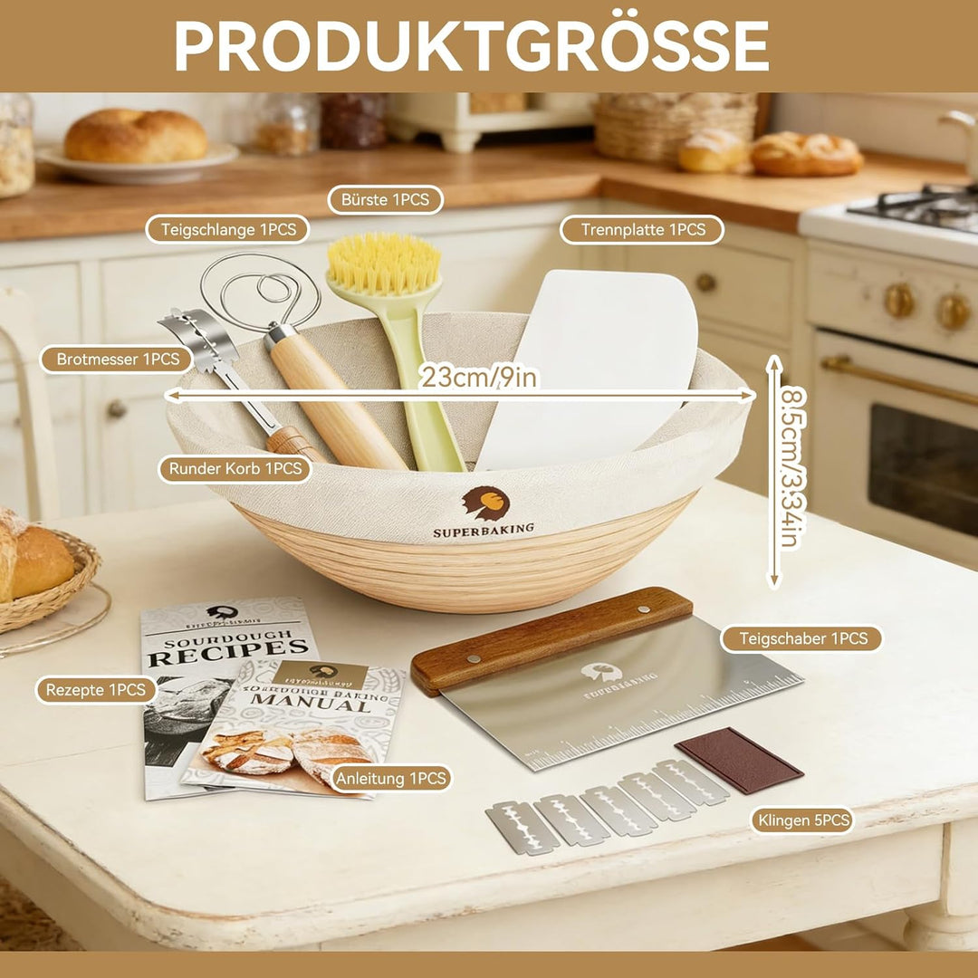 Sauerteig Starter Set, 13 Stück Gärkorb Brot Set 23cm Gärkörbchen Rattan Komplettset Brot Backen Zub