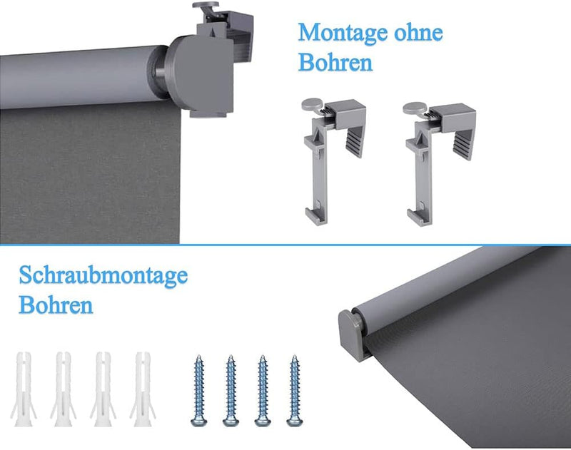 Eurohome Verdunkelungsrollo Thermo Rollo 100x160cm (Stoffbreite 96 cm) Grau Klemmfix ohne Bohren mit