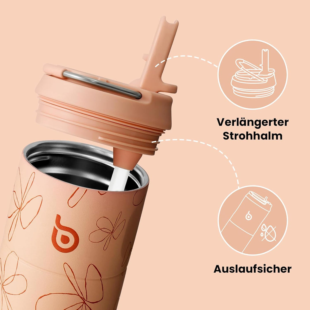 bottlebottle Edelstahl Trinkflasche mit Strohhalm 500ml, auslaufsichere Sportwasserflasche, ideal fü