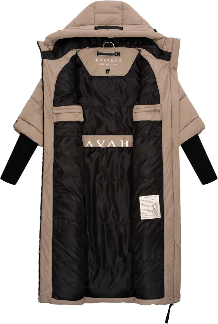 Navahoo Damen langer Wintermantel warmer Steppmantel mit Kapuze und Rippstrickärmeln Ciao Miau XIV X