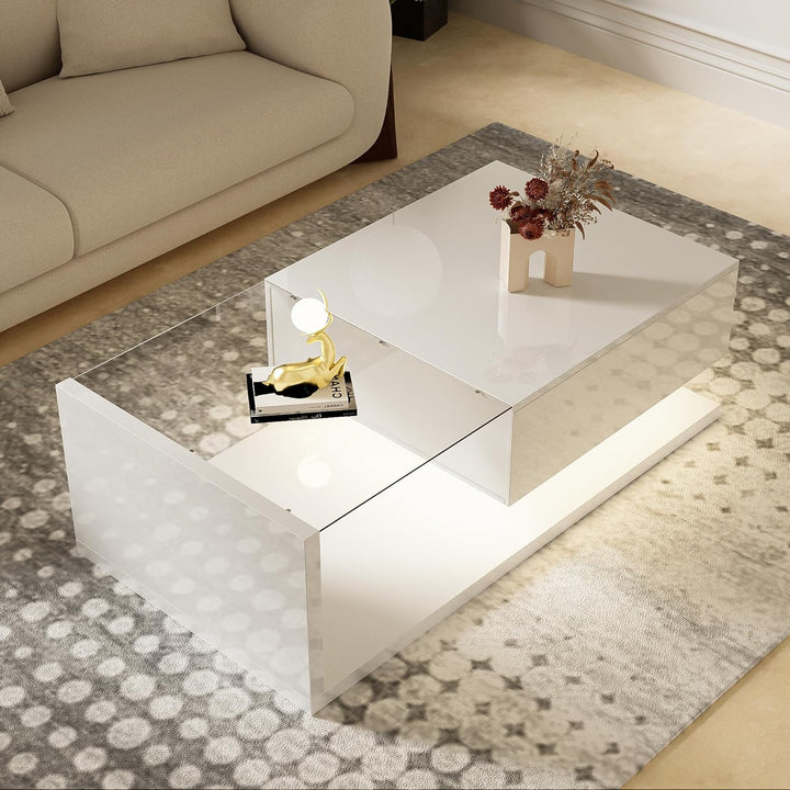 Merax Wohnzimmertisch, LED Couchtisch mit Schubladen, Hochglanz Kaffeetisch mit Stauraum, Modern Cof