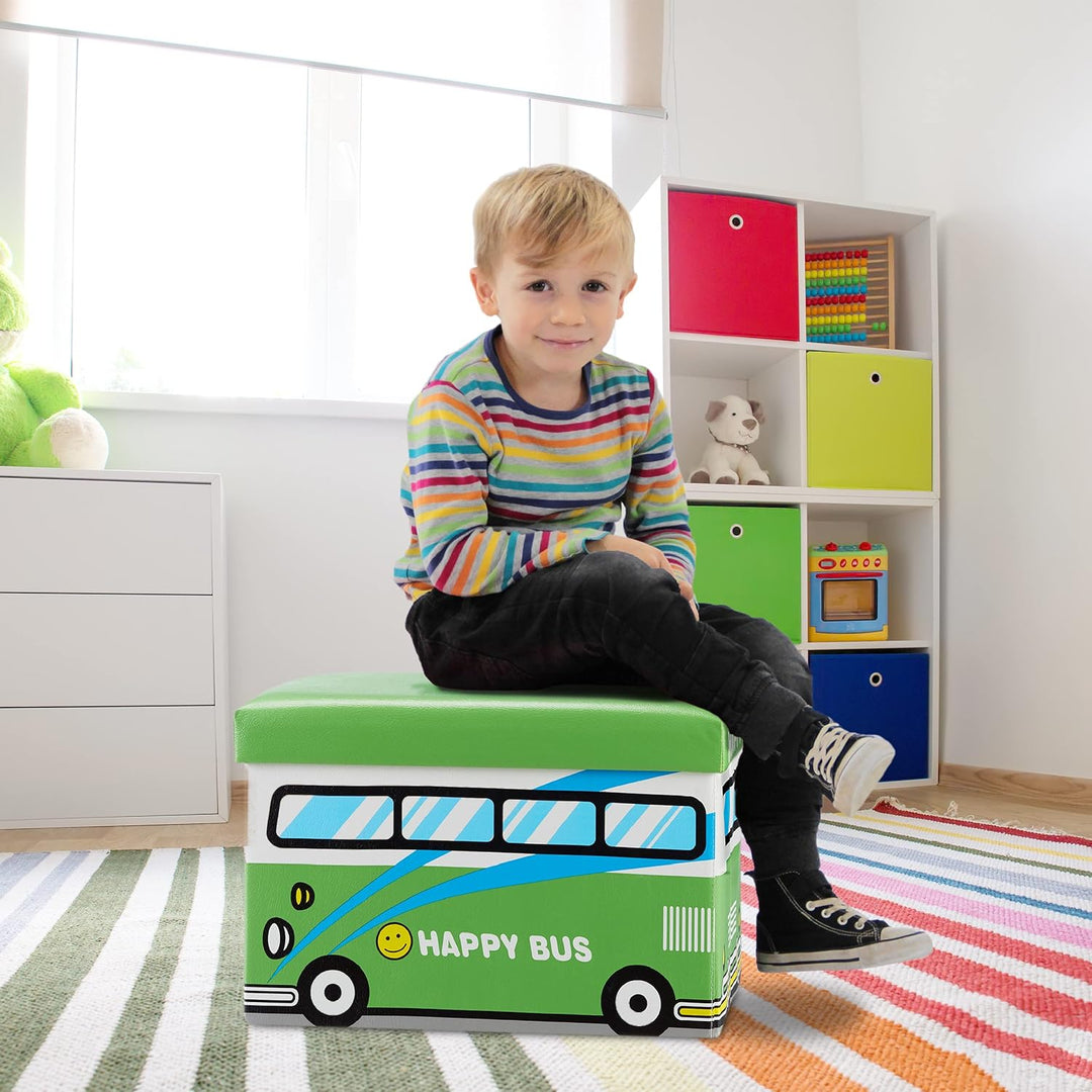 Relaxdays Faltbare Spielzeugkiste Happy Bus HBT 32 x 48 x 32 cm stabiler Kinder Sitzhocker als prakt