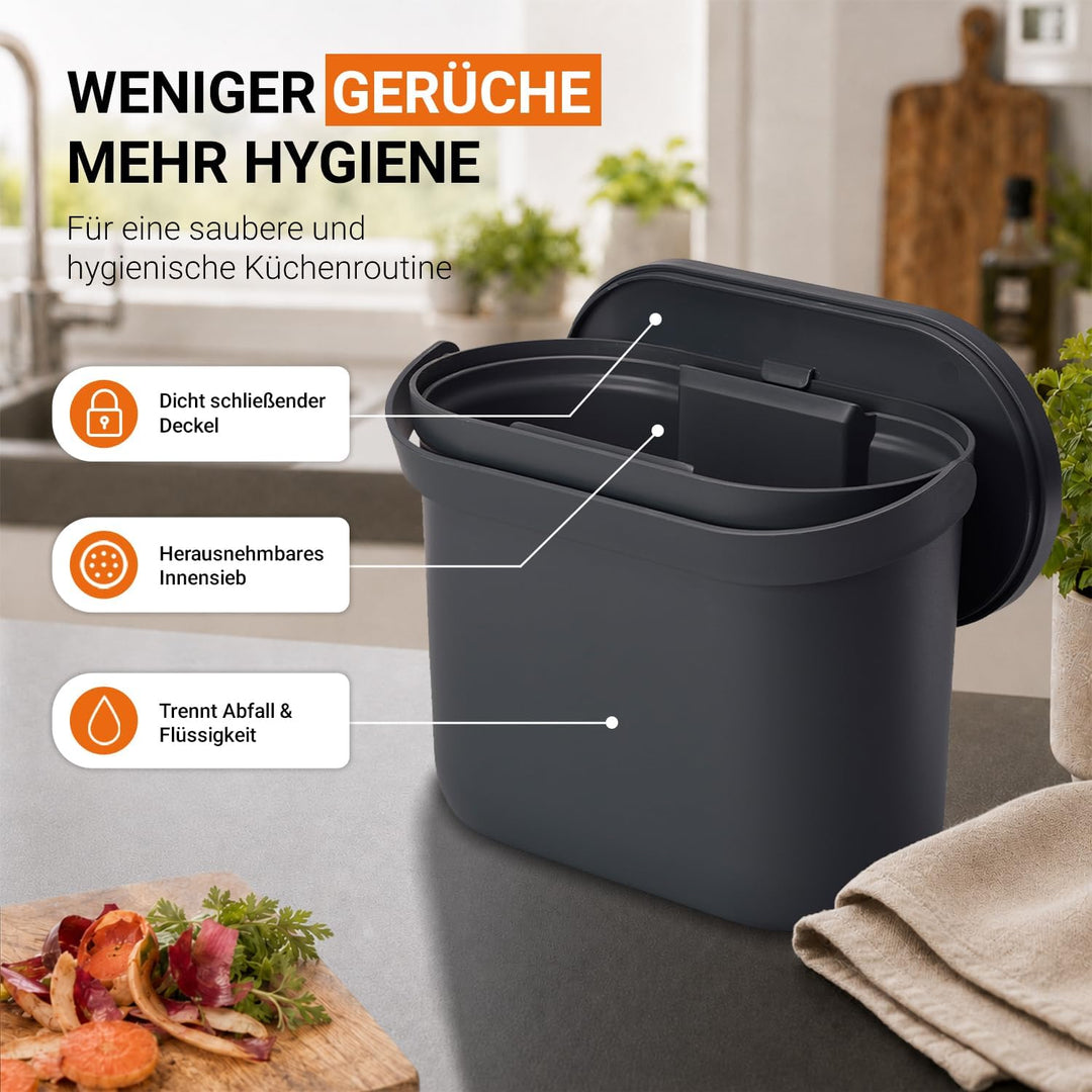 GARANTIA NOVA Biomülleimer 8 Liter Graphite Grey - für klare Küchenordnung auf der Arbeitsplatte - m