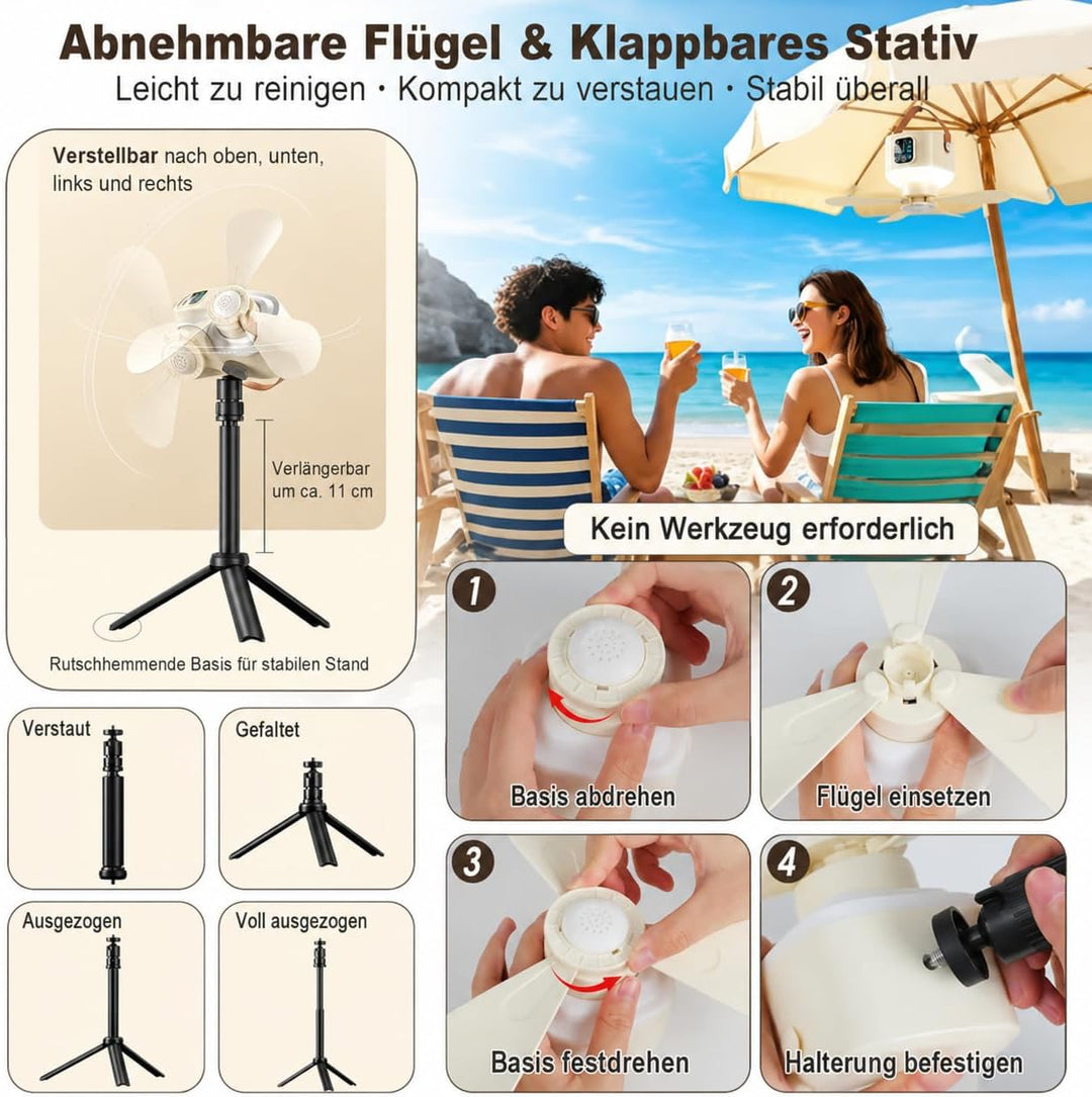 Camping Ventilator Akku 7200mAh, Mini Ventilator LED Licht Fernbedienung | 7200mAh 20 Std. Laufzeit,