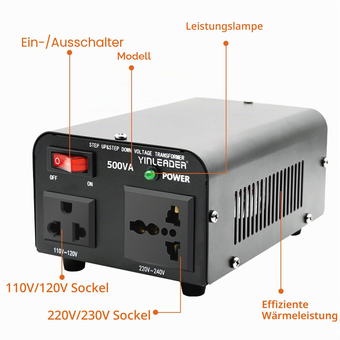 Yinleader 500VA 230V bis 110V USA Spannungswandler Ringkern-Transformator - In: 220V / Out: 110V und
