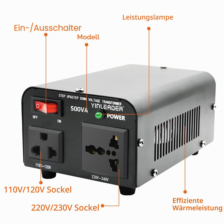 Yinleader 500VA 230V bis 110V USA Spannungswandler Ringkern-Transformator - In: 220V / Out: 110V und
