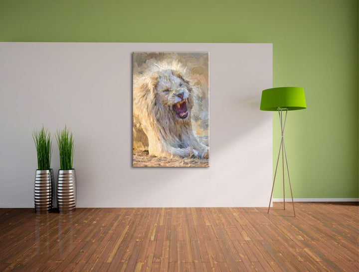 brüllender weisser Löwe Deluxe Format: 100x70 cm auf Leinwand, XXL riesige Bilder fertig gerahmt mit