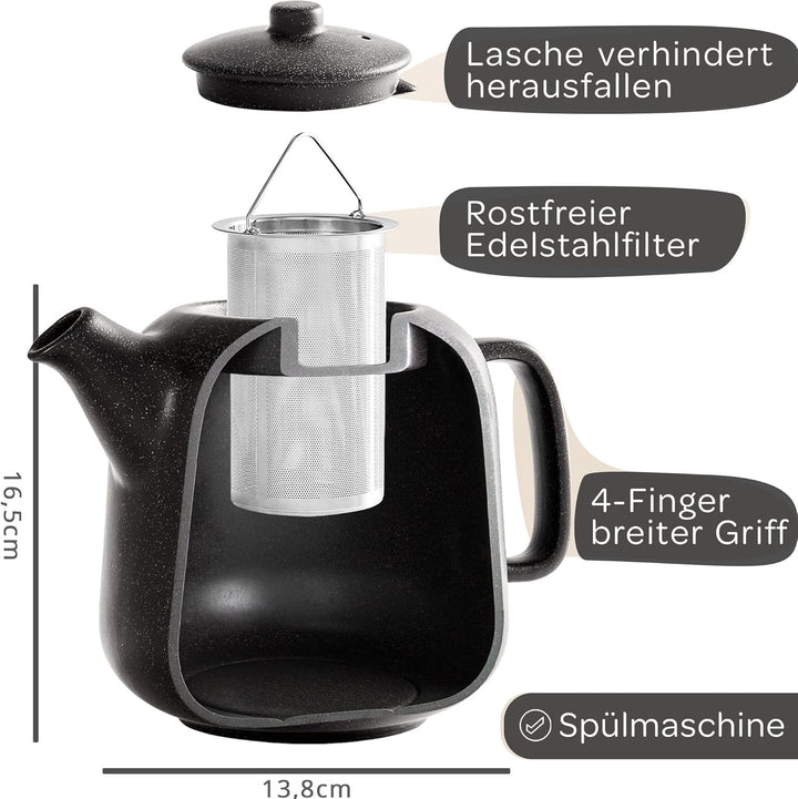 STEINZEIT Design Teekanne (1,3L) mit Siebeinsatz aus rostfreiem 304 Edelstahl - Teekanne Keramik mit