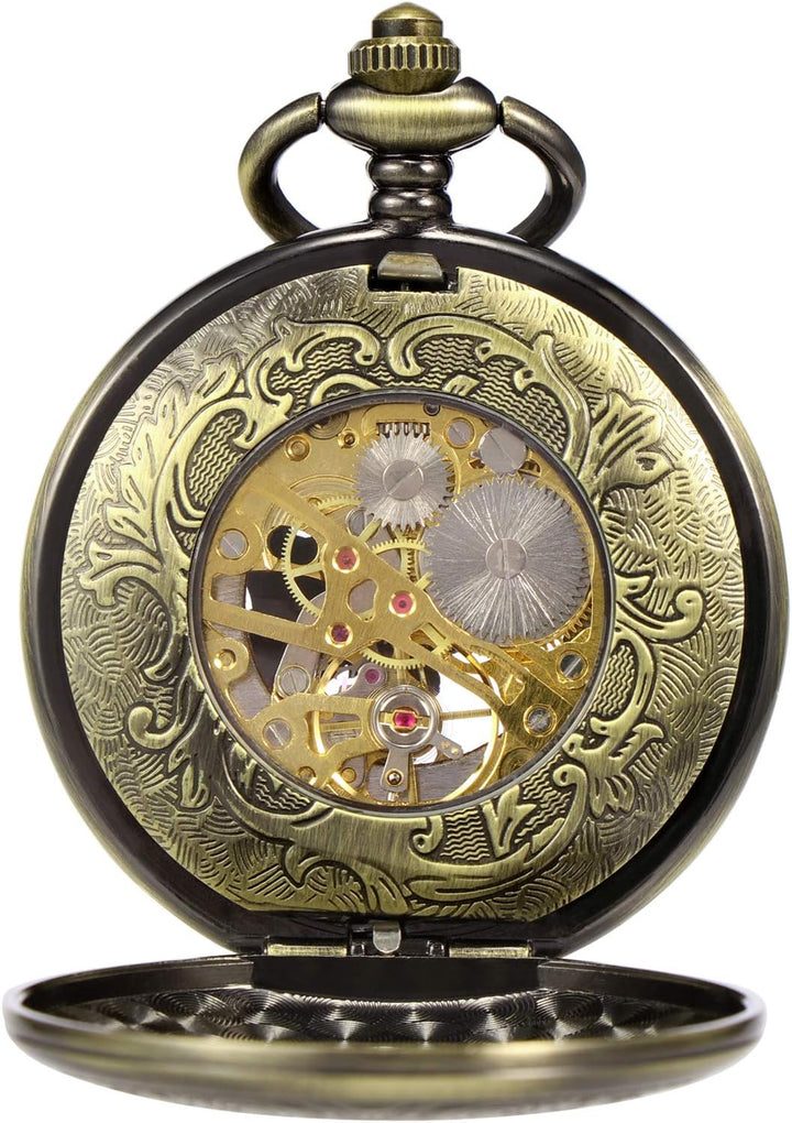 TREEWETO Antike Drache Mechanische Skelett-Taschenuhr mit Kette Bronze101, Bronze101
