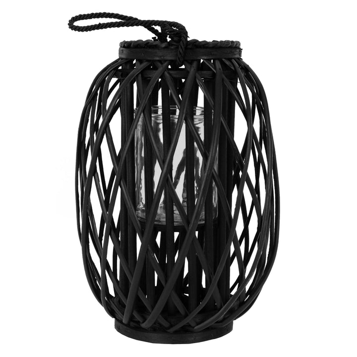 ECD Germany Laterne Ried 40xØ26 cm mit Henkel, Schwarz, Seilfaser, Flechtoptik, Rattan Windlicht mit