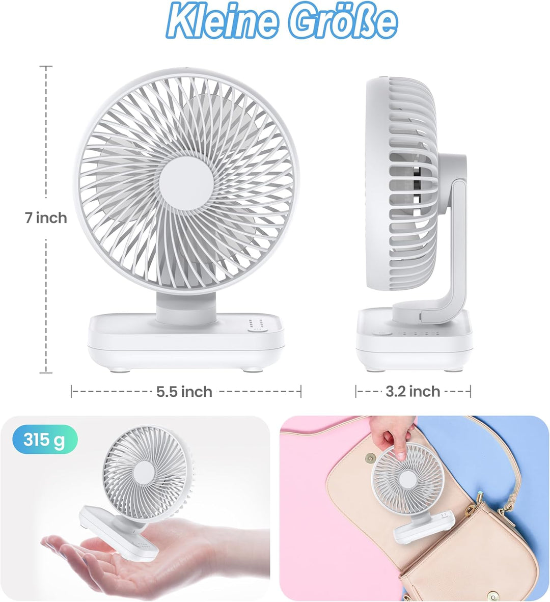 Mini Ventilator Leise, USB 4000mAh Akku kleiner Tischventilator, 4 Geschwindigkeiten für den Schreib