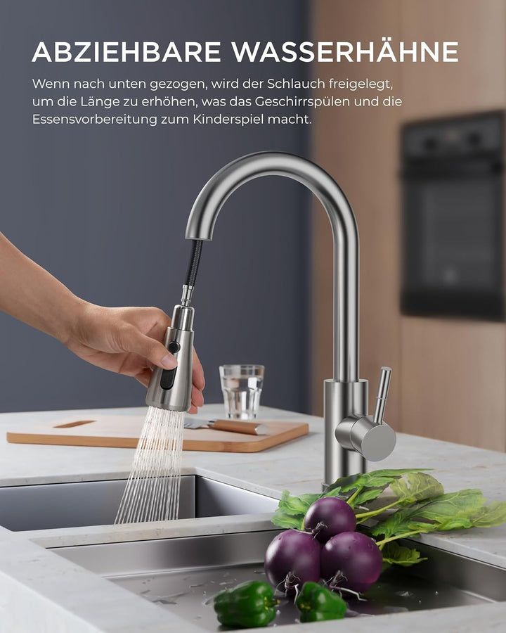 FORIOUS Wasserhahn Küche, Hochdruck Küchenarmatur mit Herausziehbarer Brause Ausziehbar Armatur, Mis