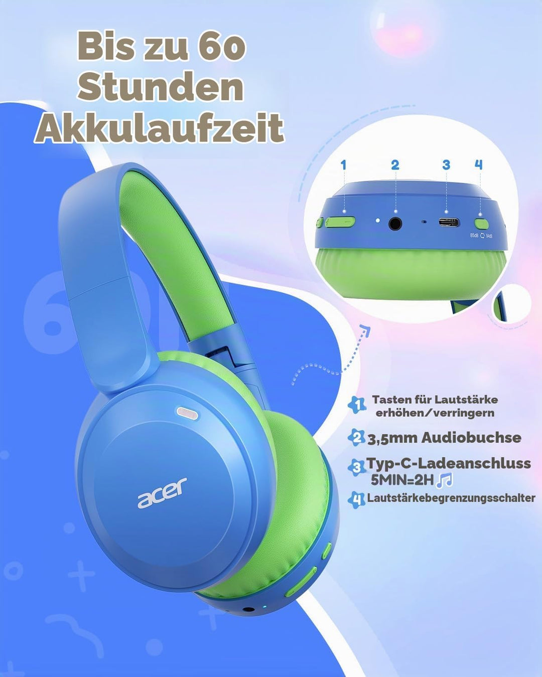 Acer Kinder Bluetooth Kopfhörer, 85/94dB Lautstärkebegrenzer, Faltbare Kabellose Over-Ear-Kopfhörer