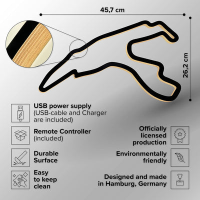 Holzskulptur Deko mit LED – Rennstrecke von Spa Francorchamps, 3D Nachtlicht, 46 cm Breite, Geschenk