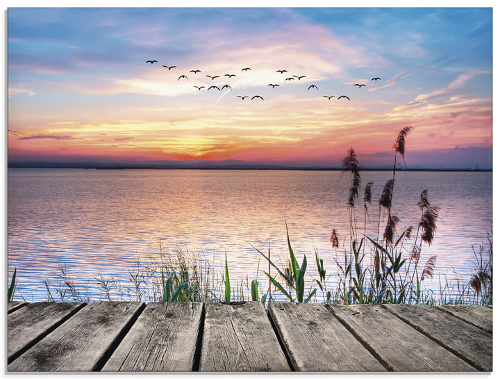 Glasbilder Wandbild Glas Bild einteilig 60x45 cm Querformat Natur Steg Landschaft See Himmel Sonnena