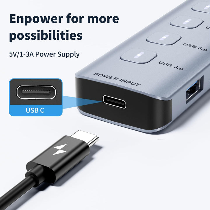 JESWO 7-Port USB 3.0 Hub mit individuellen Schaltern & LED-Anzeigen, Aluminium USB Verteiler 5Gbps,