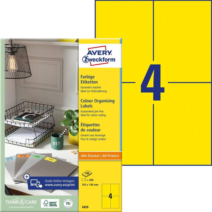 AVERY Zweckform 3459 Gelbe Etiketten (400 Aufkleber, 105x148mm auf A4, permanent haftend, selbstkleb