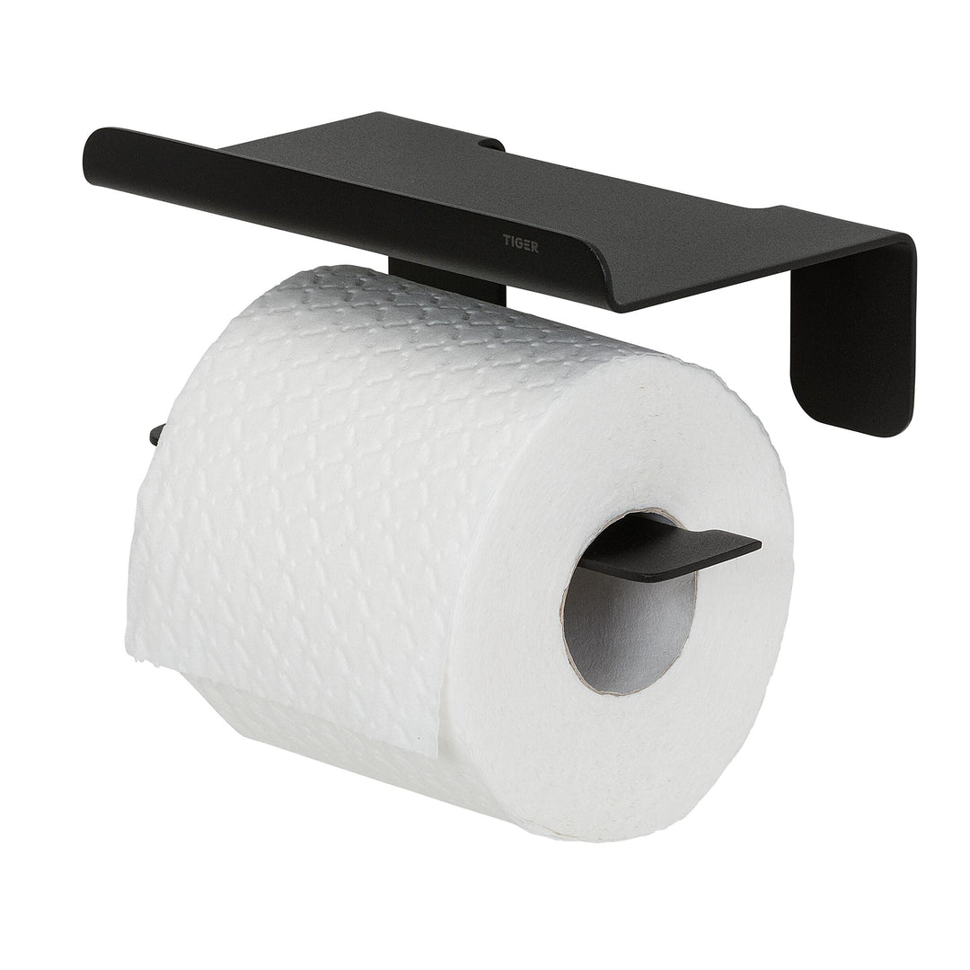Tiger Colar Toilettenpapierhalter mit Ablage zum Kleben, Edelstahl, Schwarz pulverbeschichtet, mit i