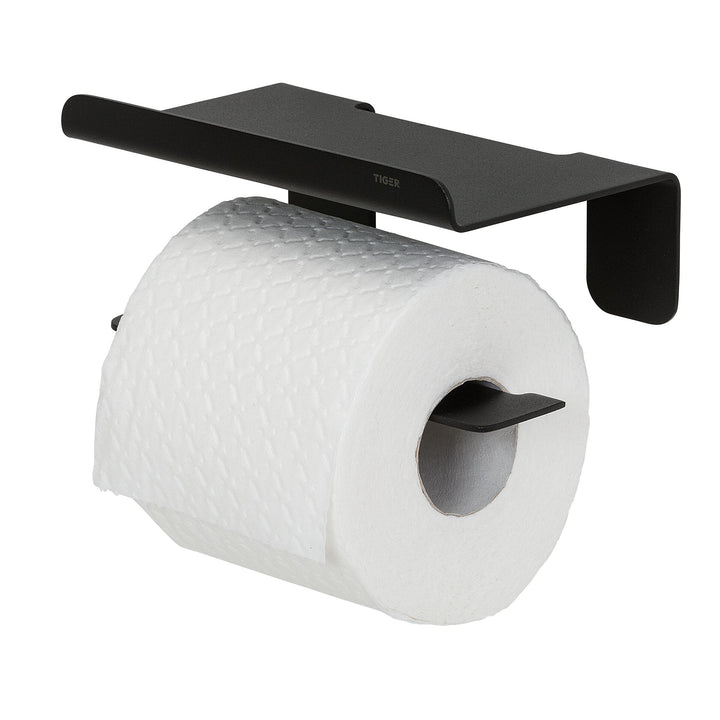 Tiger Colar Toilettenpapierhalter mit Ablage zum Kleben, Edelstahl, Schwarz pulverbeschichtet, mit i