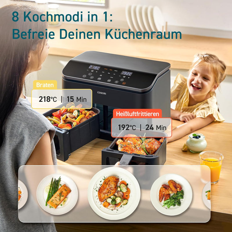 COSORI Heissluftfritteuse 2 Kammern Airfryer, 8-in-1 Dual Zone Air Fryer XXL 8,5 L, Heissluftfritteu