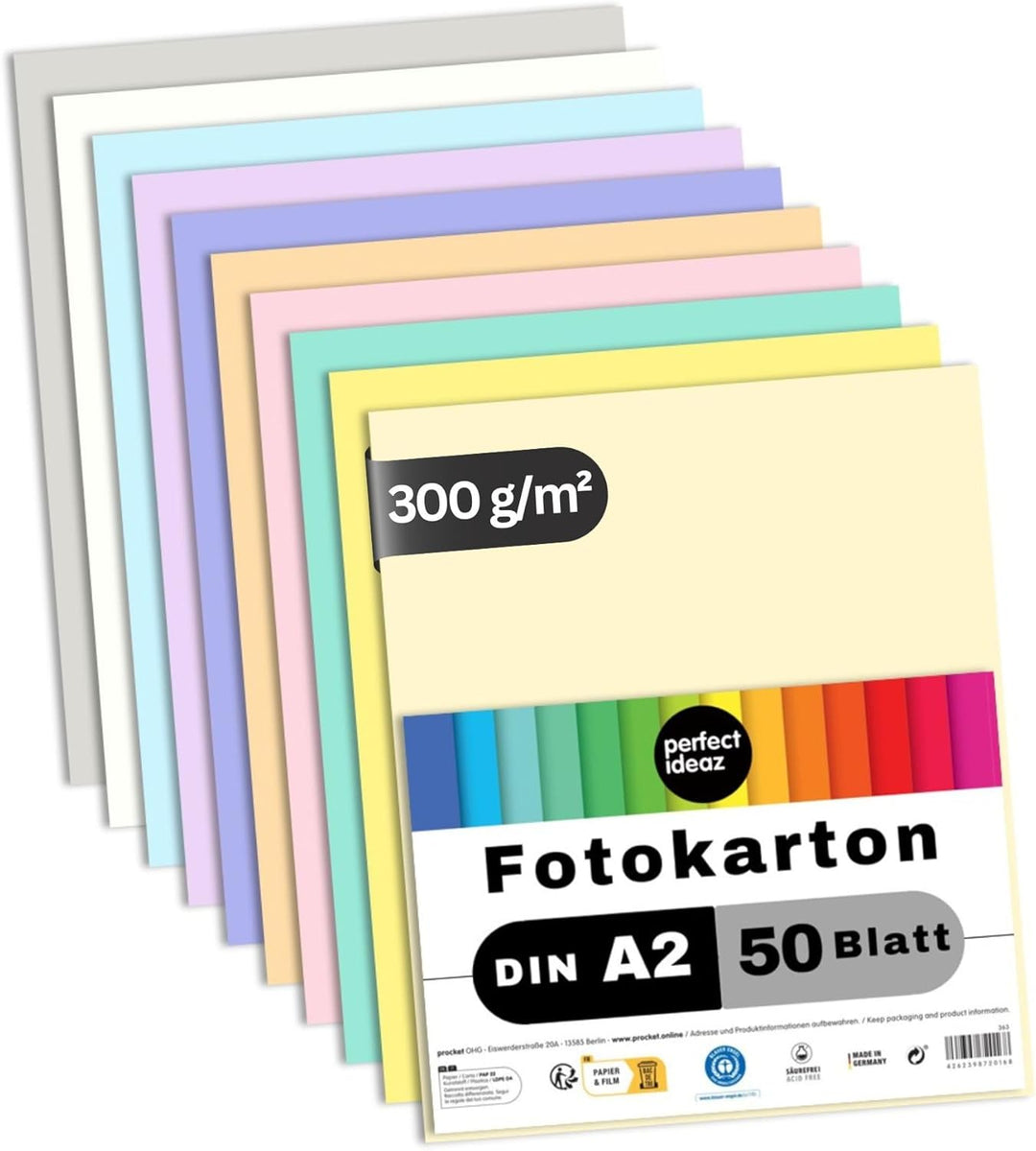 perfect ideaz • 50 Blatt Fotokarton DIN-A2, 10 Farben, stabiler recycling Karton 300 g/m², Made in G