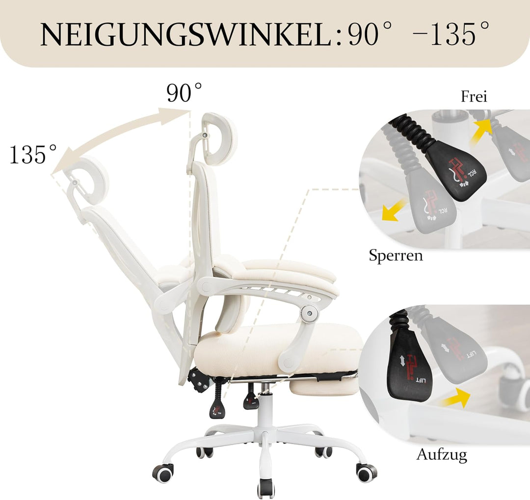 UEV Bürostuhl Ergonomisch mit Fussstütze, Homeoffice Stuhl, beige | Drehstuhl,Schreibtischstuhl,neig