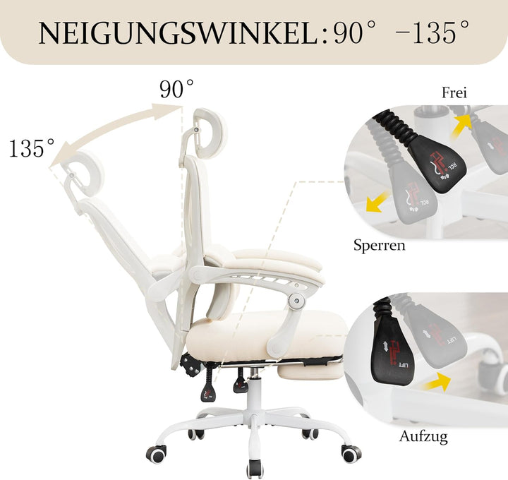 UEV Bürostuhl Ergonomisch mit Fussstütze, Homeoffice Stuhl, beige | Drehstuhl,Schreibtischstuhl,neig