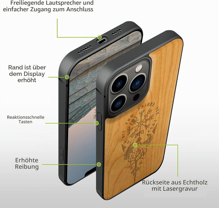 Carveit Magnetisch Hülle für iPhone 13 Pro Max Case [Elegante Kirschholz] [Weich TPU Stossstange] St