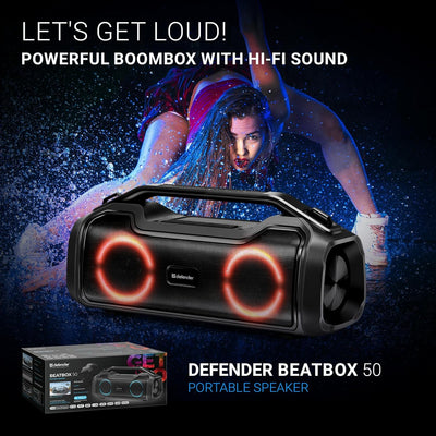 Defender Bluetooth-Lautsprecher Beatbox 50, IPX5 wasserdicht, Party Boombox 50 W mit Stereo-Sound, L
