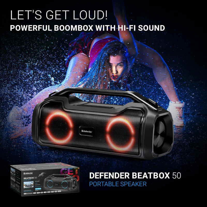Defender Bluetooth-Lautsprecher Beatbox 50, IPX5 wasserdicht, Party Boombox 50 W mit Stereo-Sound, L