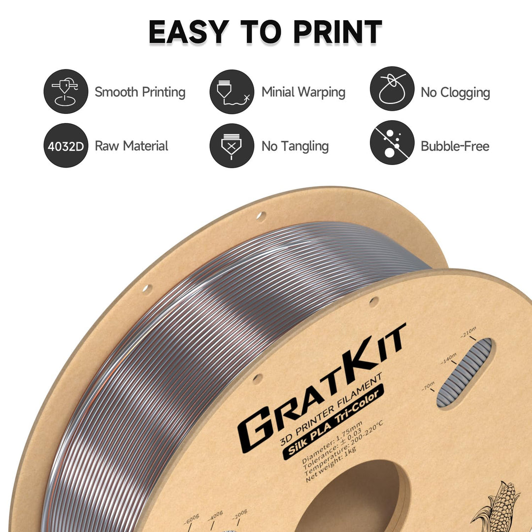 GratKit Tricolor Silk PLA Filament 1,75mm 1kg Spule, Dreifarbiges 3D-Drucker Filament mit +/-0,03mm