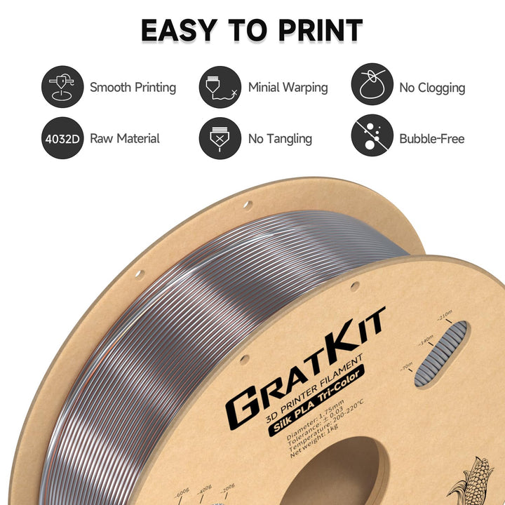 GratKit Tricolor Silk PLA Filament 1,75mm 1kg Spule, Dreifarbiges 3D-Drucker Filament mit +/-0,03mm