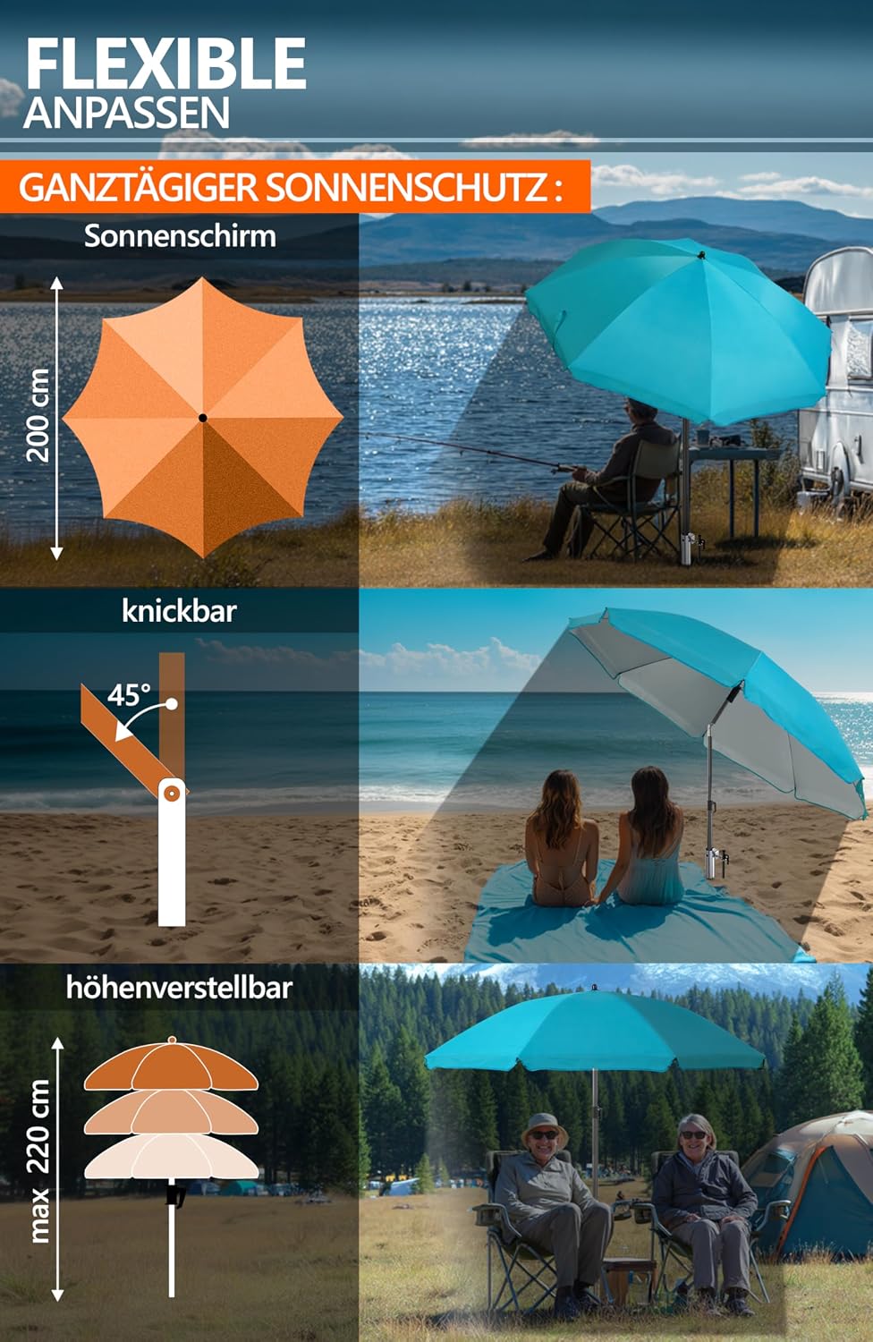 4smile Sonnenschirm Strand Ø 200 cm SET mit Eindrehbodenhülse, Türkis | Strandschirm Windfest Stabil