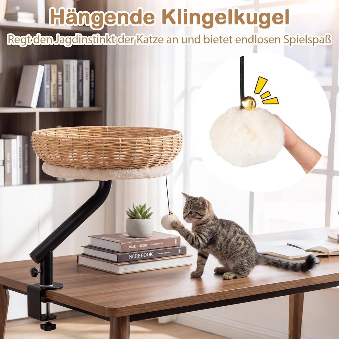 COSTWAY Katzenbett für Schreibtisch, Katzenkorb aus PE-Rattan, 360° drehbar, Katzen Schreibtischbett
