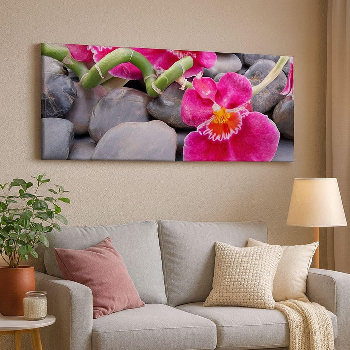 Wandbilder Dekoration Wohnzimmer Asiatisch bambus orchidee steine Panorama Bilder auf Leinwand 120x5