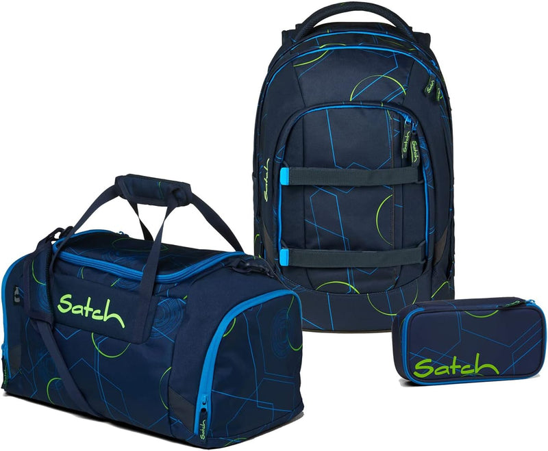 satch Pack Schulrucksack Set 3tlg. mit Sporttasche und Schlamperbox Blue Tech