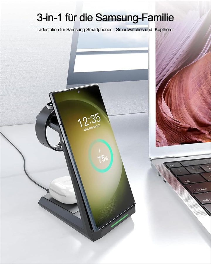 Induktive Ladestation für Samsung，ADADPU Kabelloses Ladegerät 3 in 1 Kompatibel für Galaxy Watch 8/7