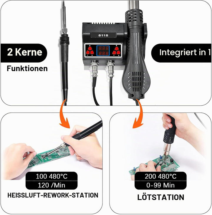 2 in 1 Heissluft Lötstation, 700W Lötstation mit 5 zusätzlichen Lötspitzen und 3 Heissluftdüsen, Hei