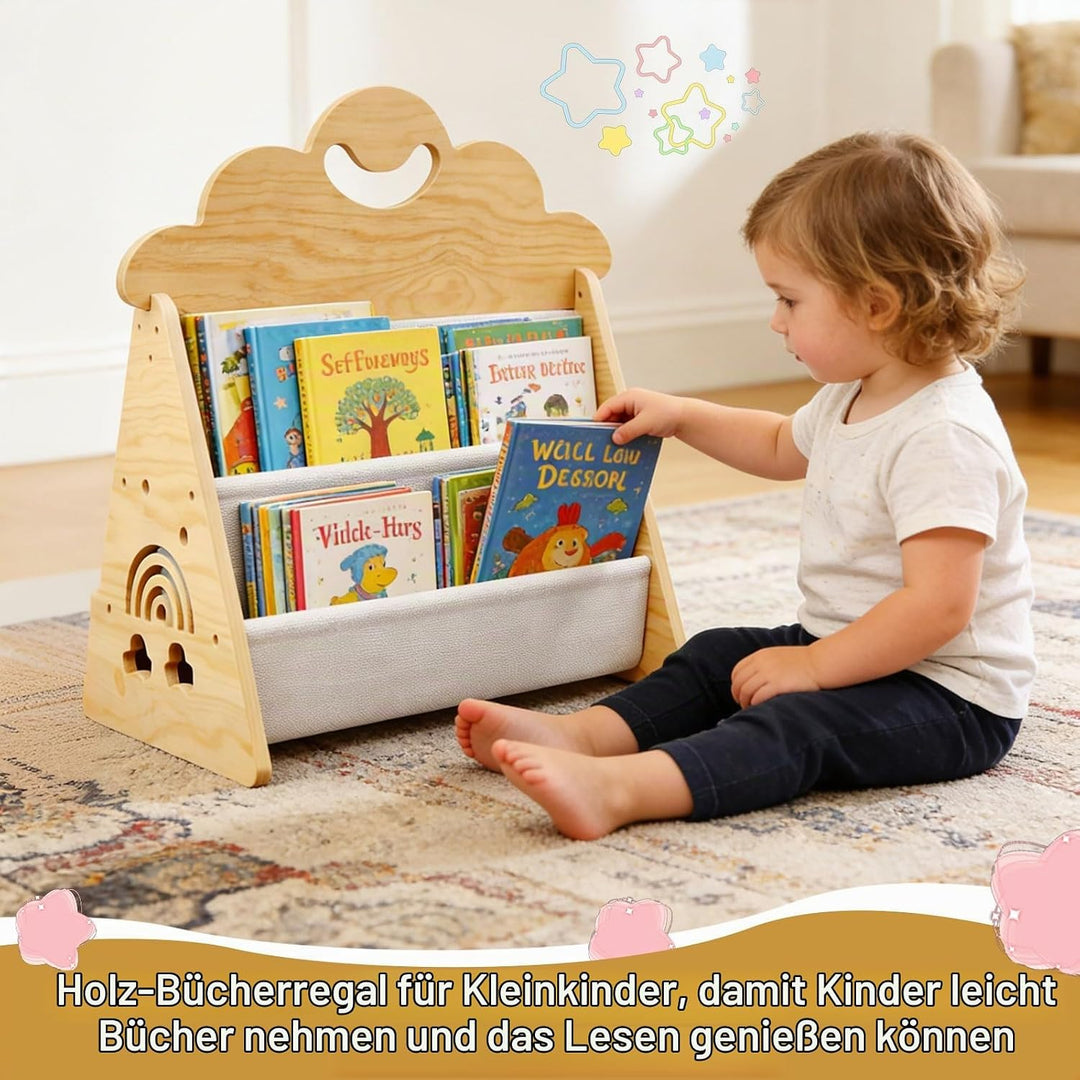 Montessori Kinder Bücherregal Holz, Offenes Frontbücherregal für Kinderzimmer &amp; Leseecke, Tragbare B