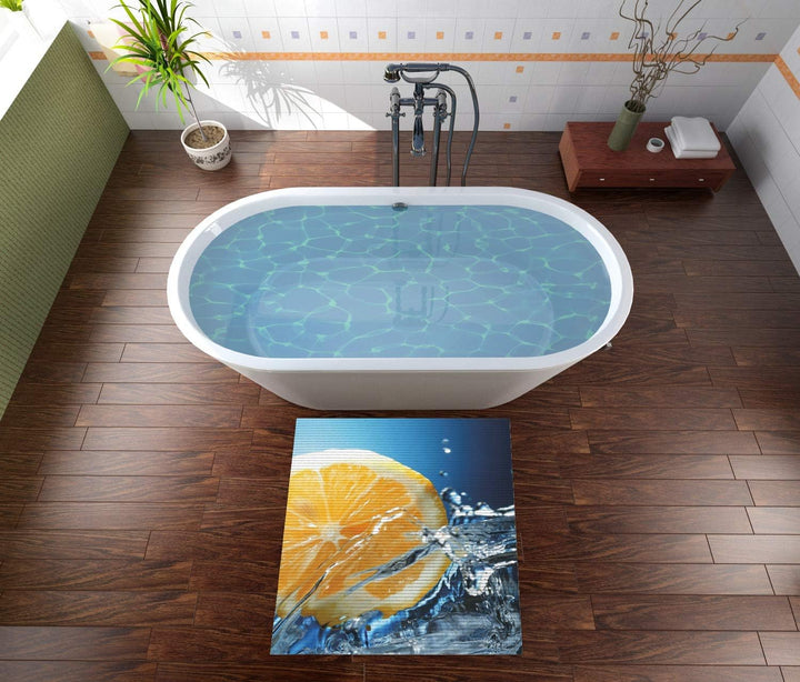 Wallario Duschmatte Antirutschmatte Badmatte Fussmatte Orange in spritzigem Wasser vor blauem Hinter