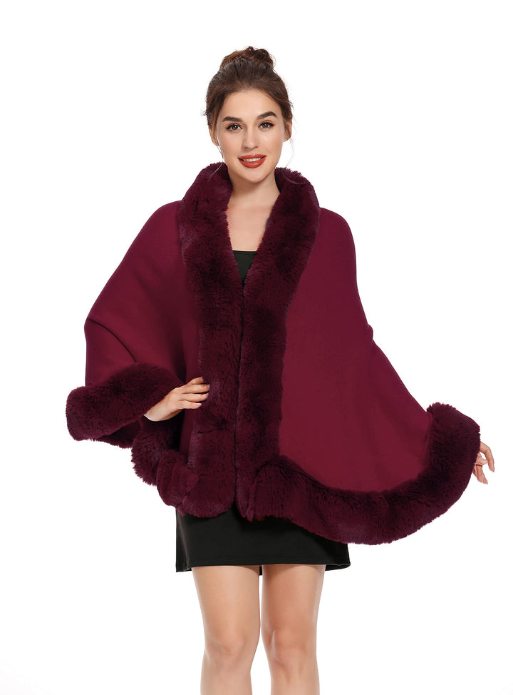 ZLYC Damen Winter Kunstpelz Poncho Cape Strick Schal Stola Warm Cardigan Burgund, Burgund