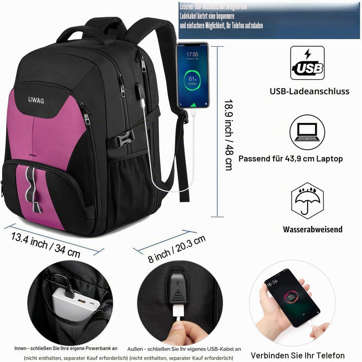 LIWAG Extra Gross Rucksack Damen 50L Wasserdicht 17 Zoll Laptoptasche Arbeit Laptop Rucksack mit USB
