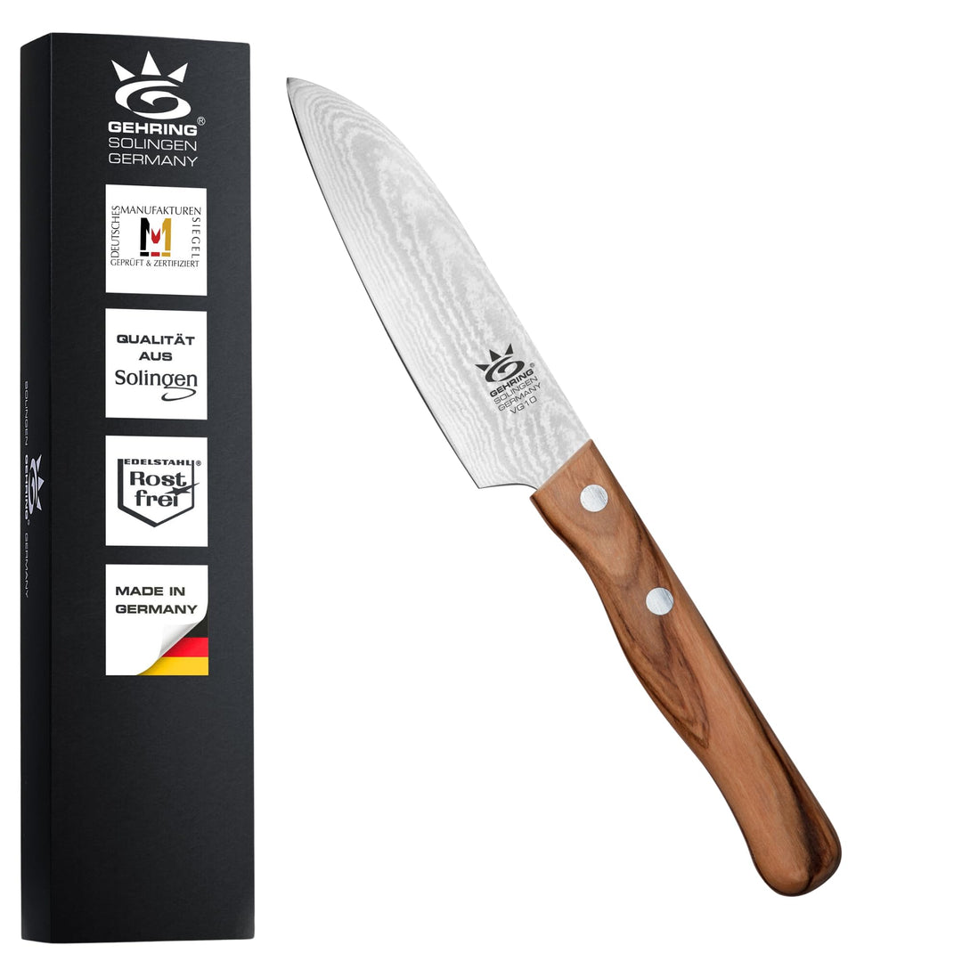 Solingen Look Damast Santokumesser 11 cm I scharfes Profi Küchenmesser I eisgehärter Damaststahl VG1