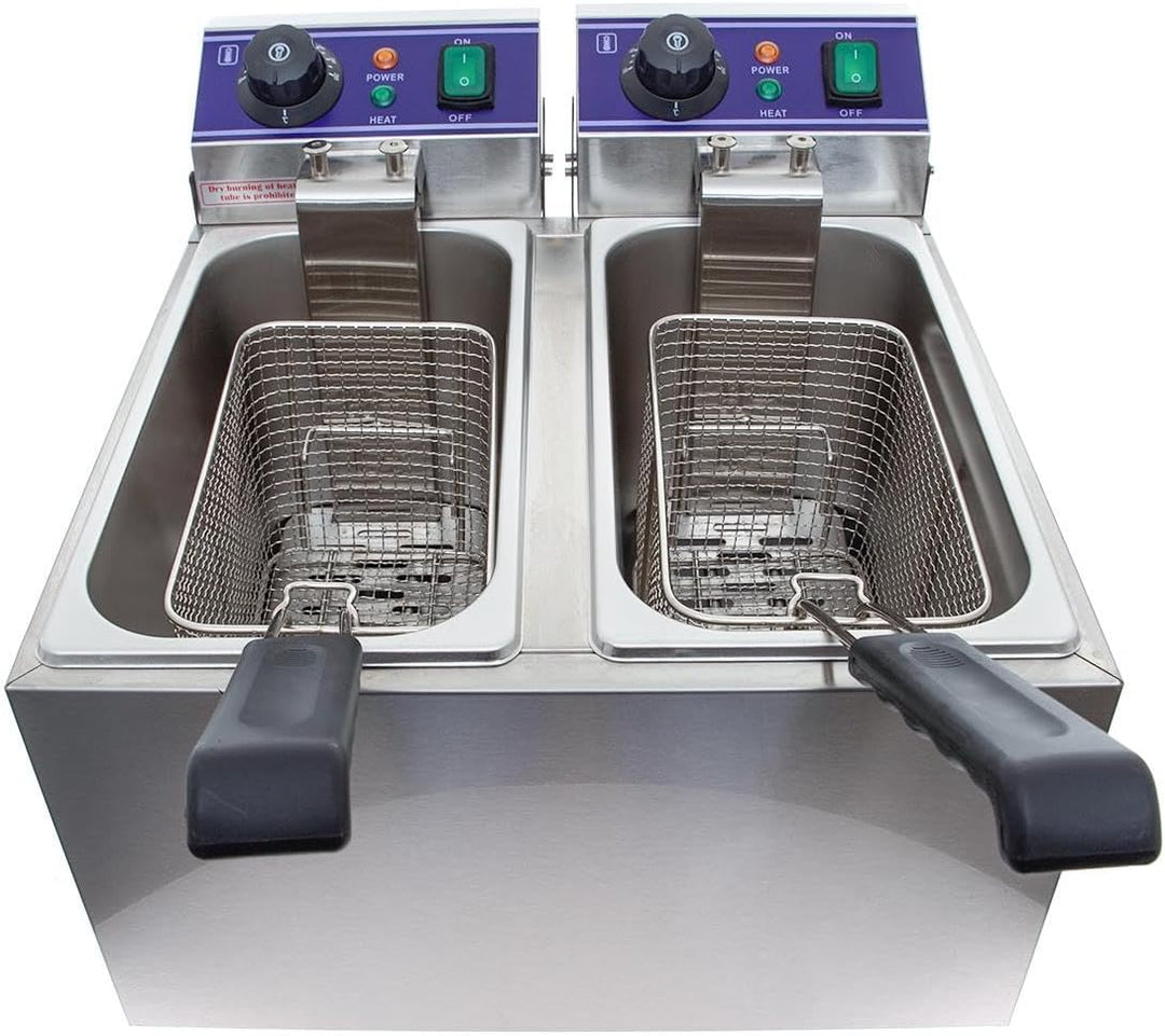 Elektro-Doppelfritteuse 16L Edelstahl – 2 x 8L Kammern, je 2000W – Profi Fritteuse mit Temperaturreg