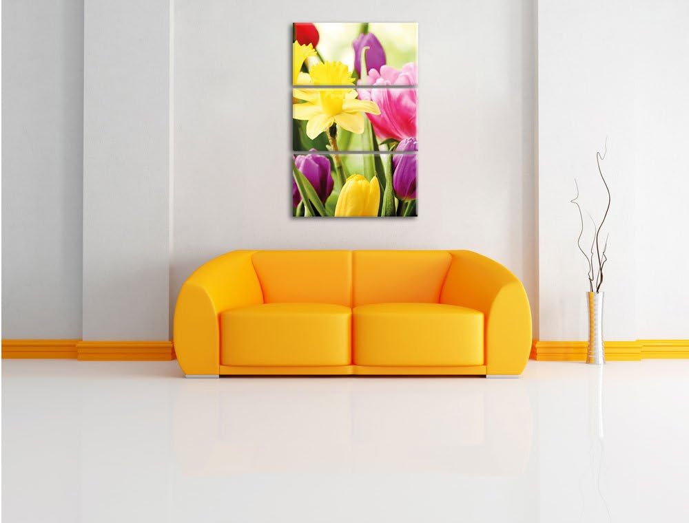 Pixxprint Farbenfrohe Osterglocken und Tulpen 3-Teiler Leinwandbild 120x80 Bild auf Leinwand