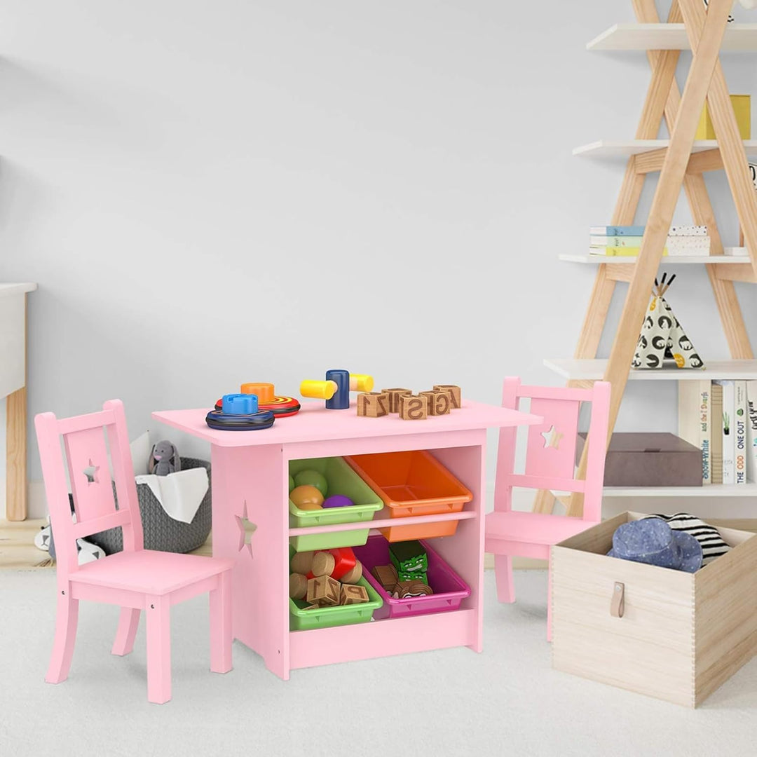 Kinder Tisch und Stuhl Set - Kindertische Massivholz und Rosa - Tisch mit 4 Aufbewahrungsboxen, Star