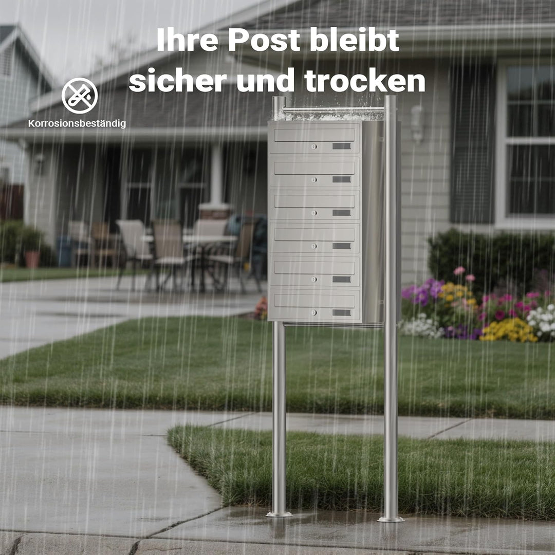 Wiltec 6er Briefkastenanlage Edelstahl 556 x 270 x 1500 mm, Standbriefkasten mit 6 Fächern, Schlüsse